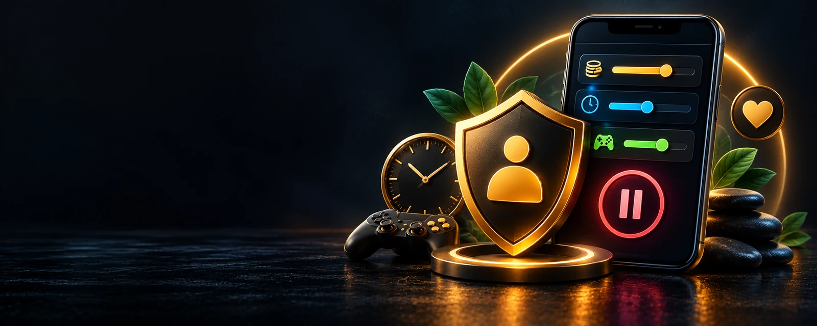Responsible gaming banner with limit controls and a pause symbol