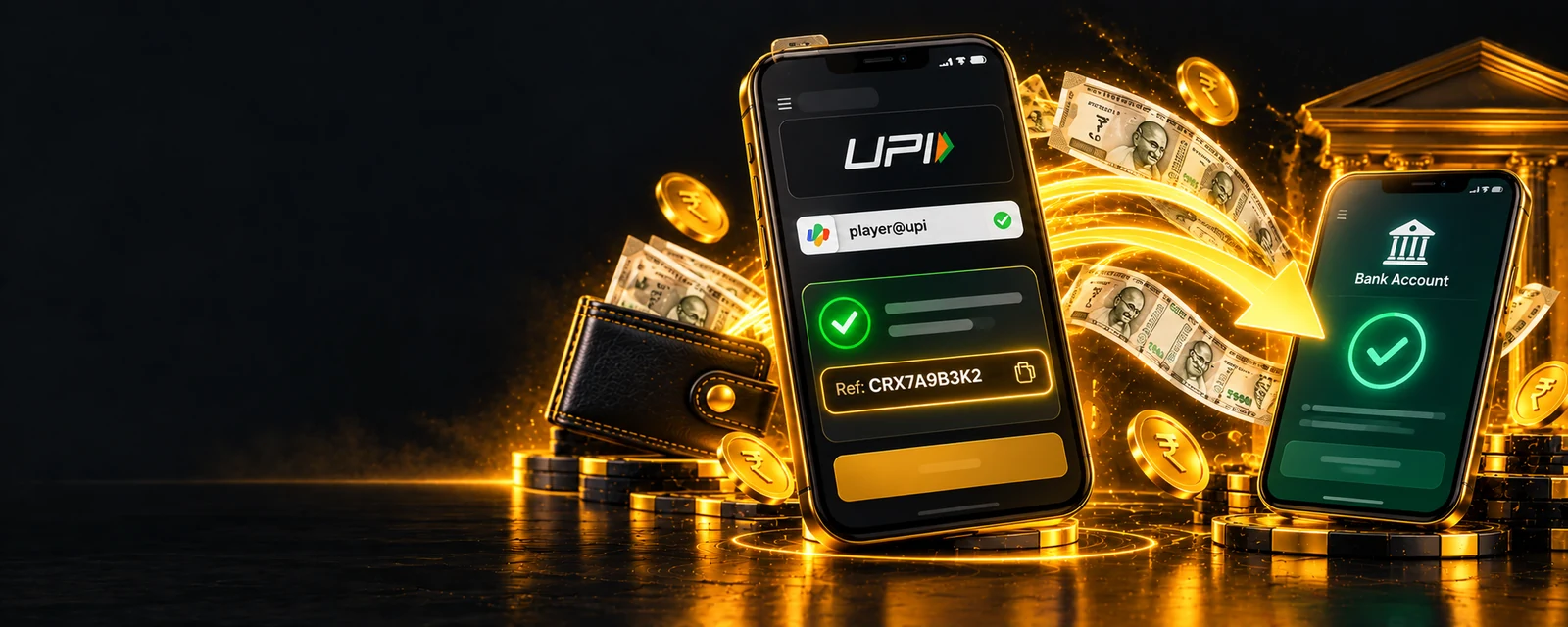 UPI withdrawal banner with a payout reference and bank transfer