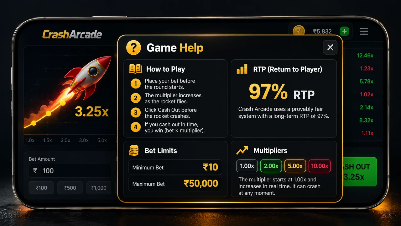 In-game help screen showing rules, RTP and bet limits
